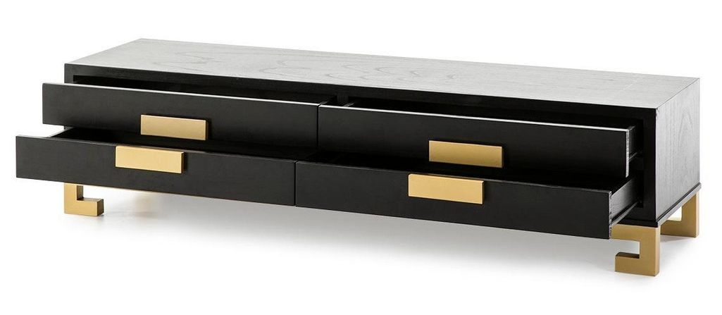Meuble TV 4 tiroirs bois massif noir et doré 161 cm - Photo n°3