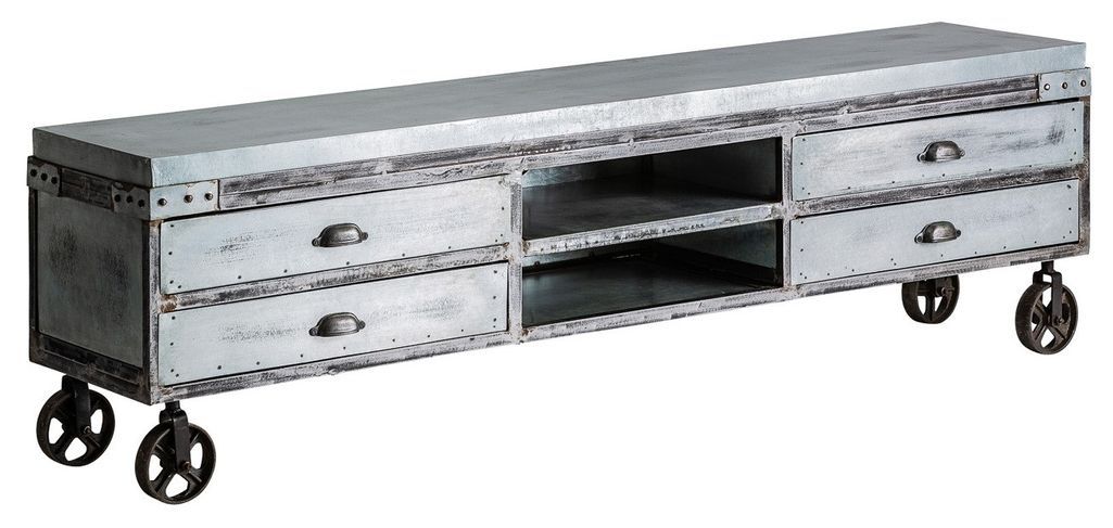 Meuble TV 4 tiroirs manguier massif et métal gris Nourea - Photo n°1