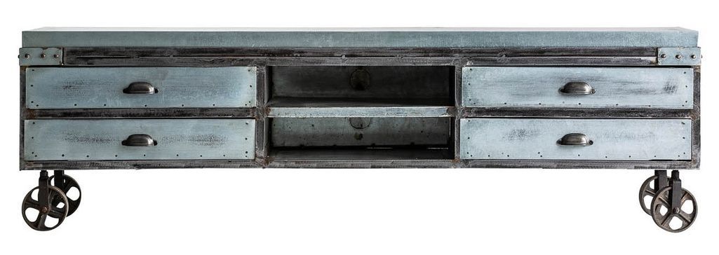 Meuble TV 4 tiroirs manguier massif et métal gris Nourea - Photo n°3