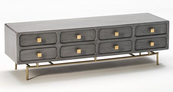 Meuble TV 8 tiroirs bois massif gris et pied métal doré 160 cm - Photo n°1
