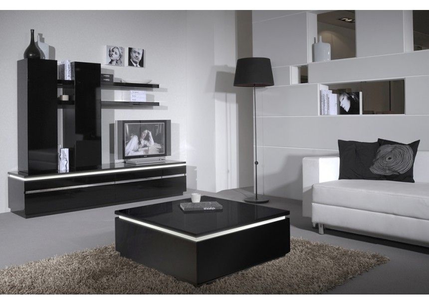 Meuble TV à LED 2 portes bois laqué noir Kiela - Photo n°5