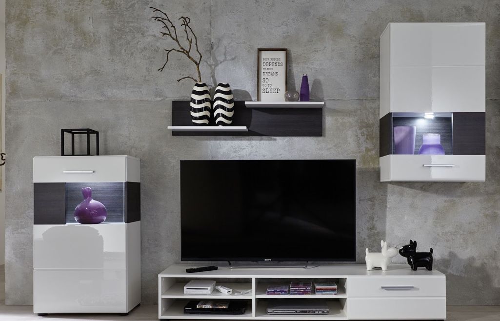 Meuble TV à LED 3 pièces bois laqué blanc Josky - Photo n°1