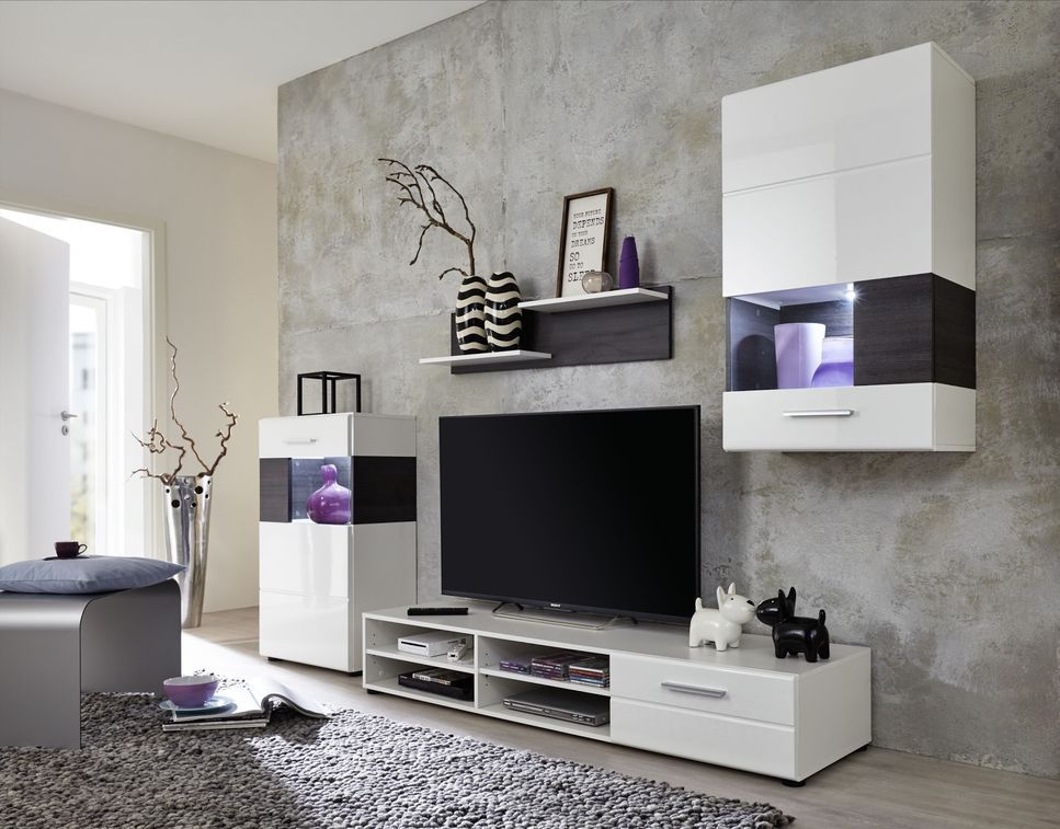 Meuble TV à LED 3 pièces bois laqué blanc Josky - Photo n°2