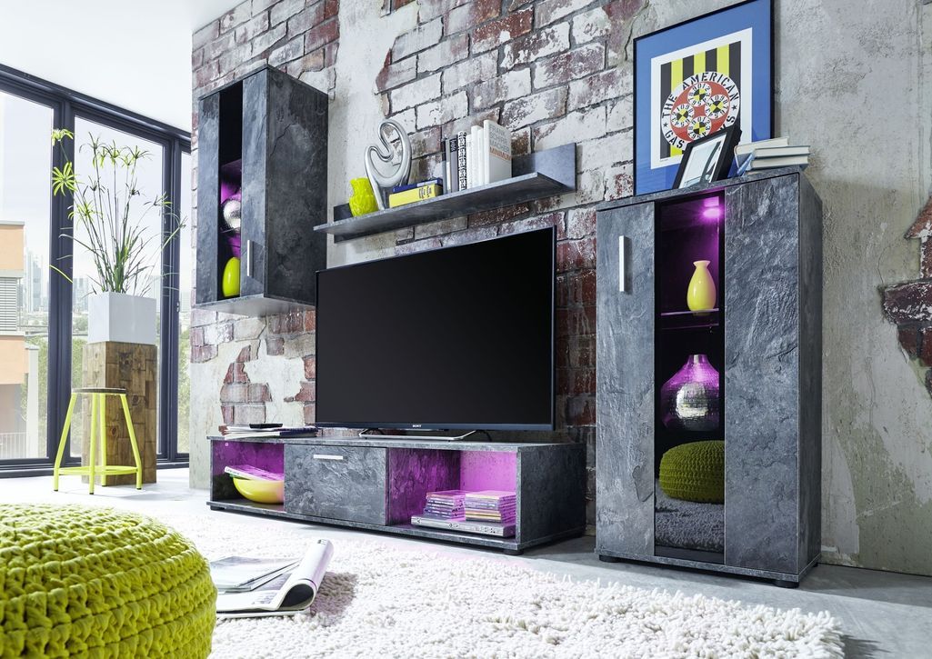 Meuble TV à LED 4 pièces bois gris ardoise Bringa - Photo n°8