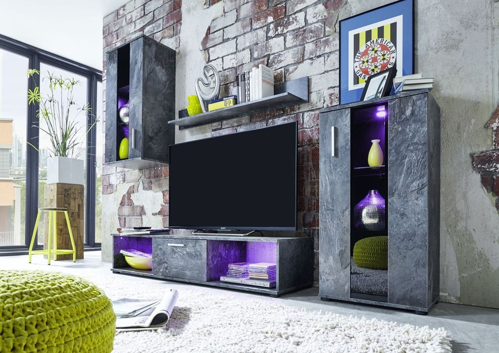 Meuble TV à LED 4 pièces bois gris ardoise Bringa - Photo n°7