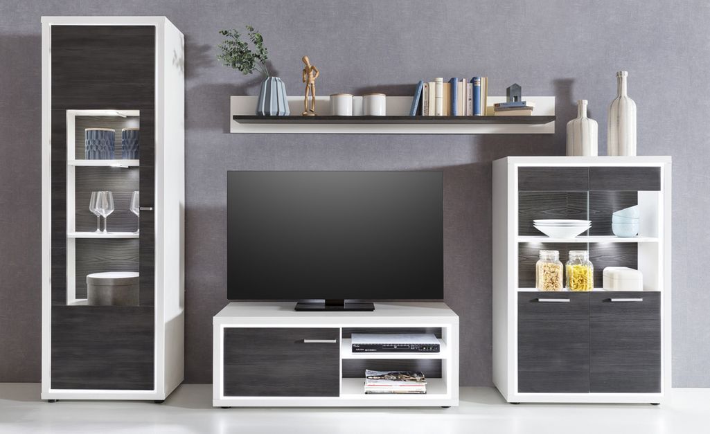 Meuble TV à LED 4 pièces bois mélaminé blanc et gris Garsa - Photo n°3