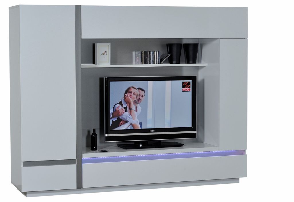 Meuble TV à LED 4 portes bois laqué blanc Kartz - Photo n°2
