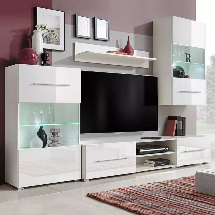 Meuble TV à LED 5 pièces bois blanc Glamourous - Photo n°1