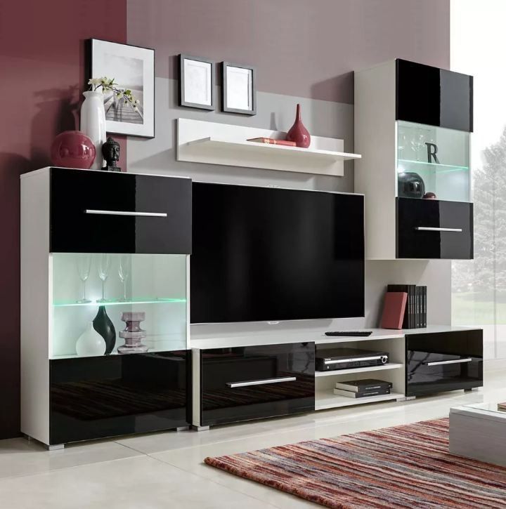 Meuble TV à LED 5 pièces bois noir et blanc Glamourous - Photo n°1