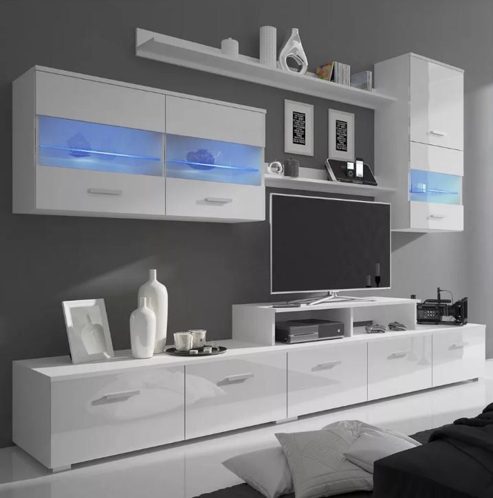 Meuble TV à LED 7 pièces bois blanc Glamourous - Photo n°1