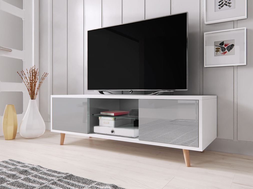 Meuble TV avec led 2 portes blanc mat et gris laqué Kuzani 140 cm - Photo n°7