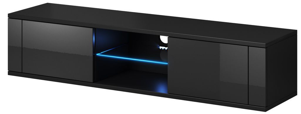 Meuble TV avec Led 2 portes noir mat et noir brillant Kozira 140 cm - Photo n°1