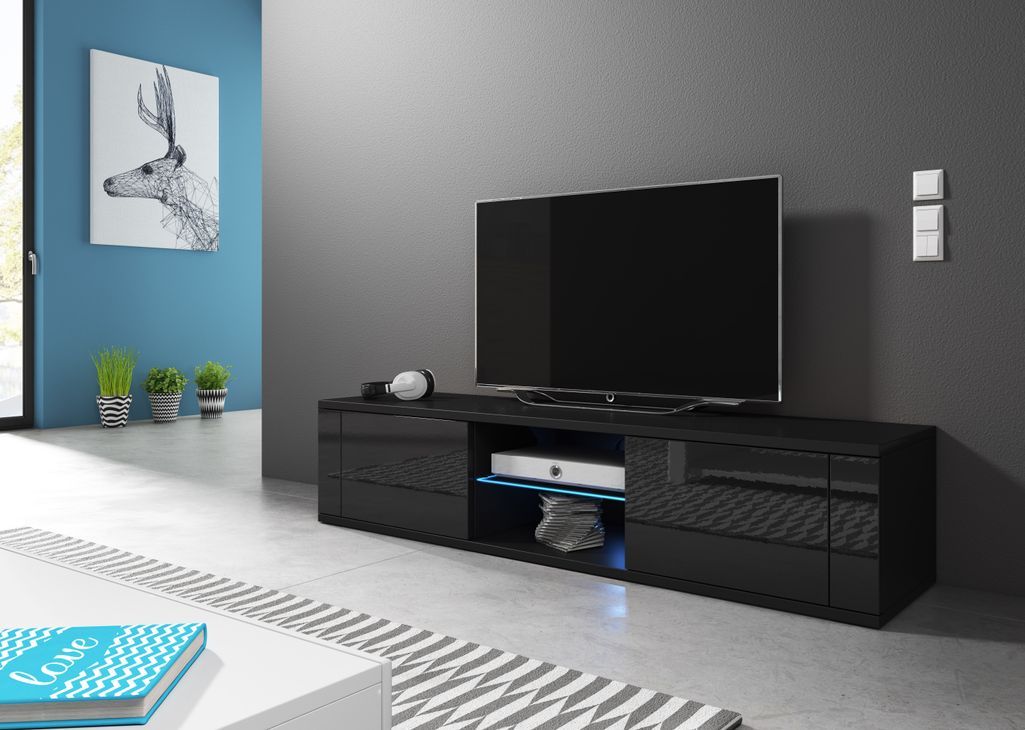 Meuble TV avec Led 2 portes noir mat et noir brillant Kozira 140 cm - Photo n°3