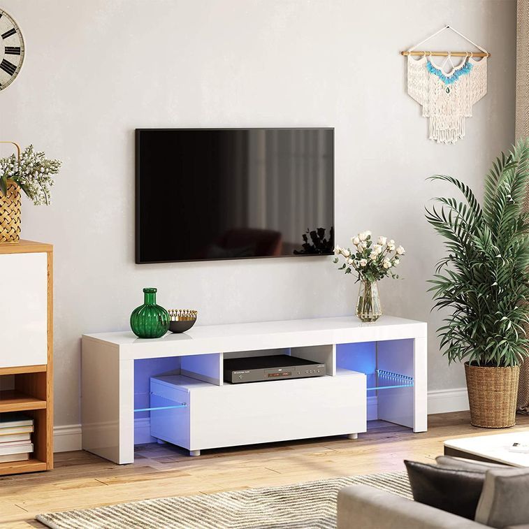 Meuble TV blanc laqué avec bandes lumineuses à Led 140 cm - Photo n°3