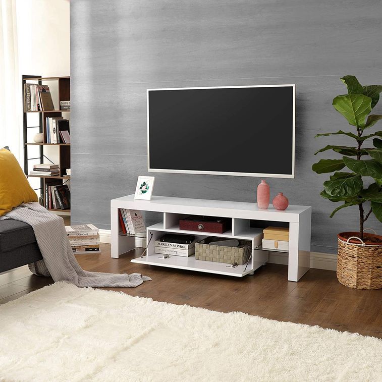 Meuble TV blanc laqué avec bandes lumineuses à Led 140 cm - Photo n°4