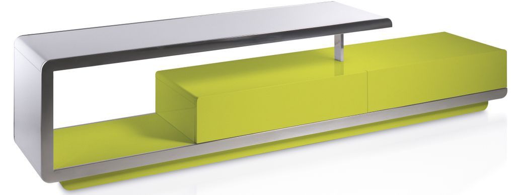 Meuble TV design 2 tiroirs bois laqué jaune et acier chromé Modena - Photo n°1