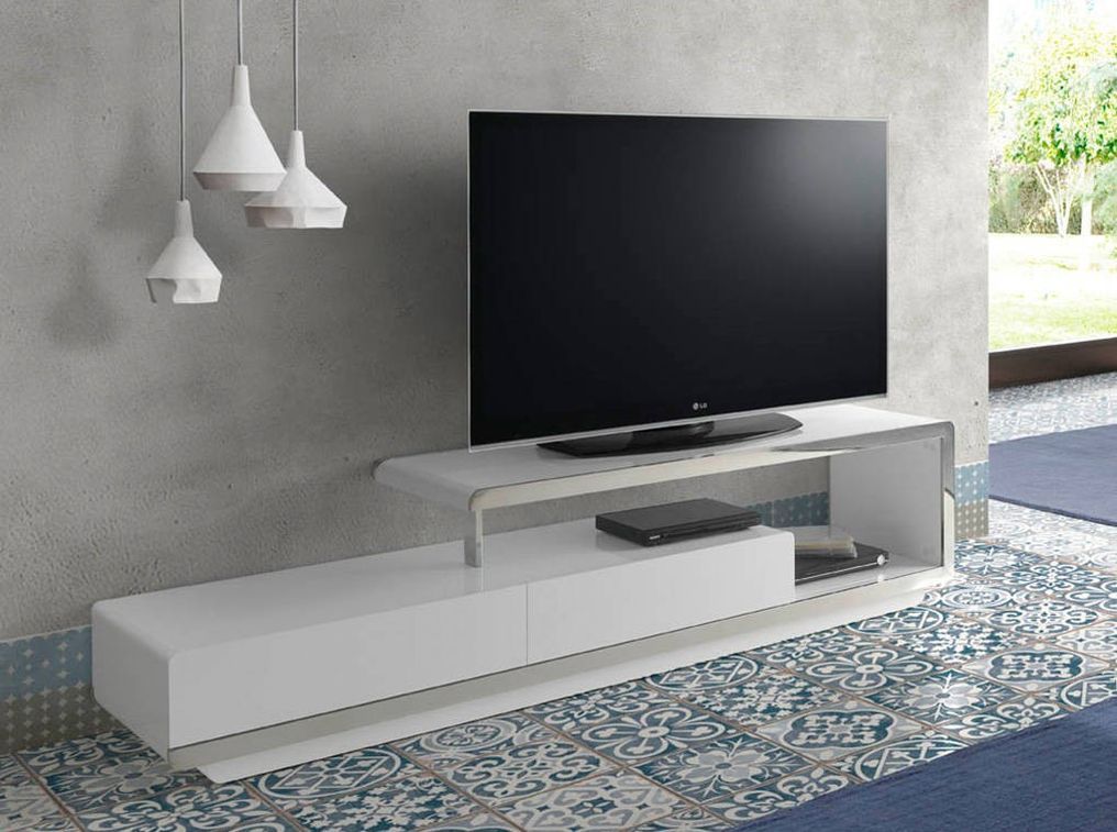 Meuble TV design 2 tiroirs bois laqué rouge et acier chromé Modena - Photo n°2