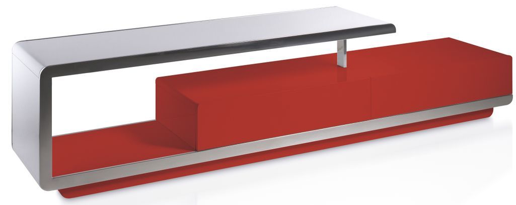 Meuble TV design 2 tiroirs bois laqué rouge et acier chromé Modena - Photo n°1