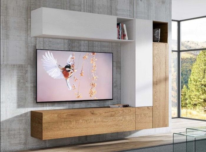 Mur TV modulable suspendu design blanc et naturel Lina L 254 cm - 7 pièces - Photo n°1