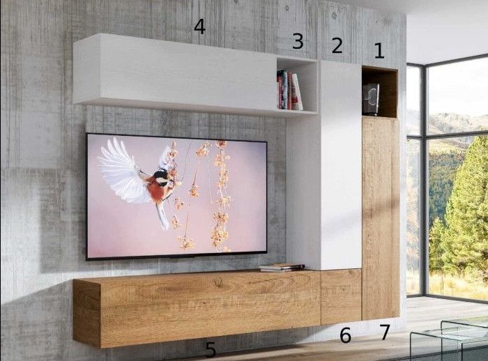 Mur TV modulable suspendu design blanc et naturel Lina L 254 cm - 7 pièces - Photo n°2