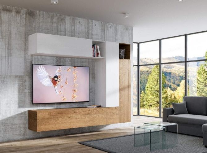 Mur TV modulable suspendu design blanc et naturel Lina L 254 cm - 7 pièces - Photo n°3