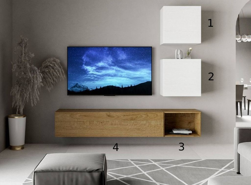 Meuble TV mural blanc et chêne naturel Isika L 234 cm - 4 pièces - Photo n°2