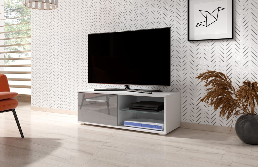 Meuble TV lumineux 1 porte blanc et gris laqué Roxel 100 cm - Photo n°2