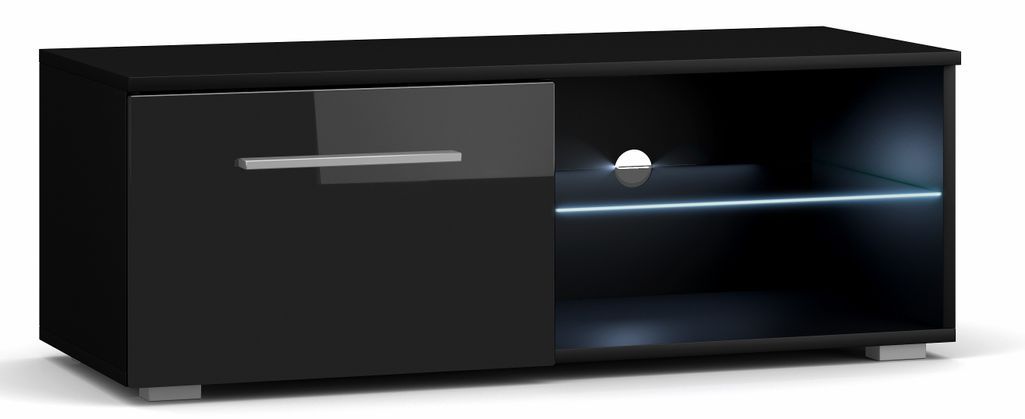 Meuble TV lumineux 1 porte noir et noir laqué Roxel 100 cm - Photo n°1
