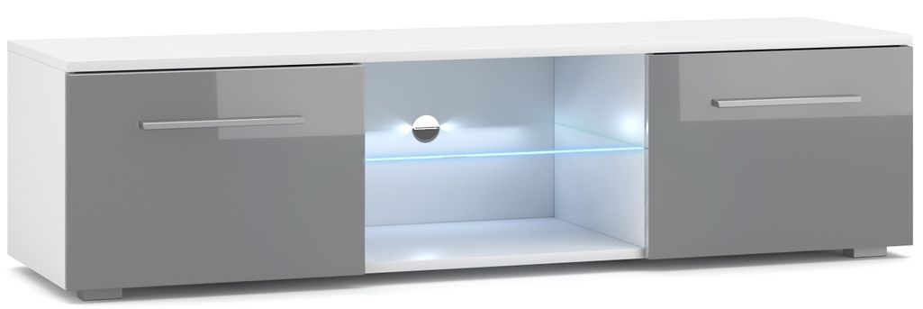 Meuble TV lumineux 2 portes blanc et gris laqué Roxel 140 cm - Photo n°1
