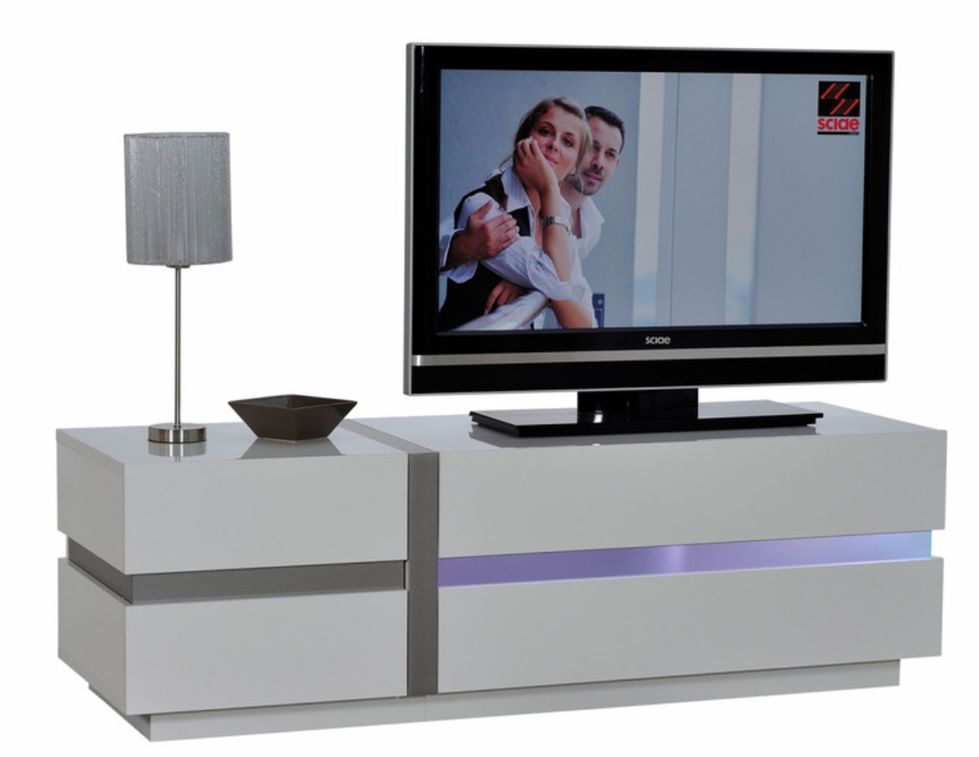 Meuble TV lumineux 2 portes bois laqué blanc Kartz 150 - Photo n°11