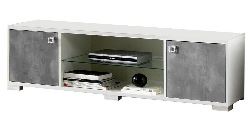 Meuble TV moderne gris béton et blanc brillant Sting 160 cm - Photo n°1