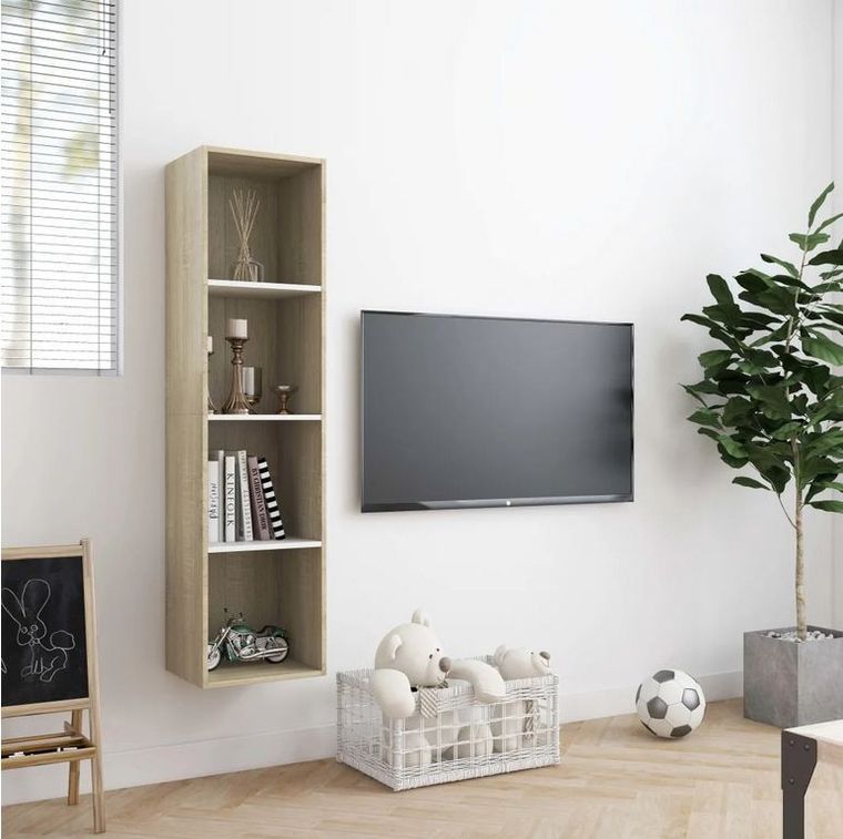Meuble TV suspendu 4 niches bois blanc et chêne clair Neone 143 cm - Photo n°3