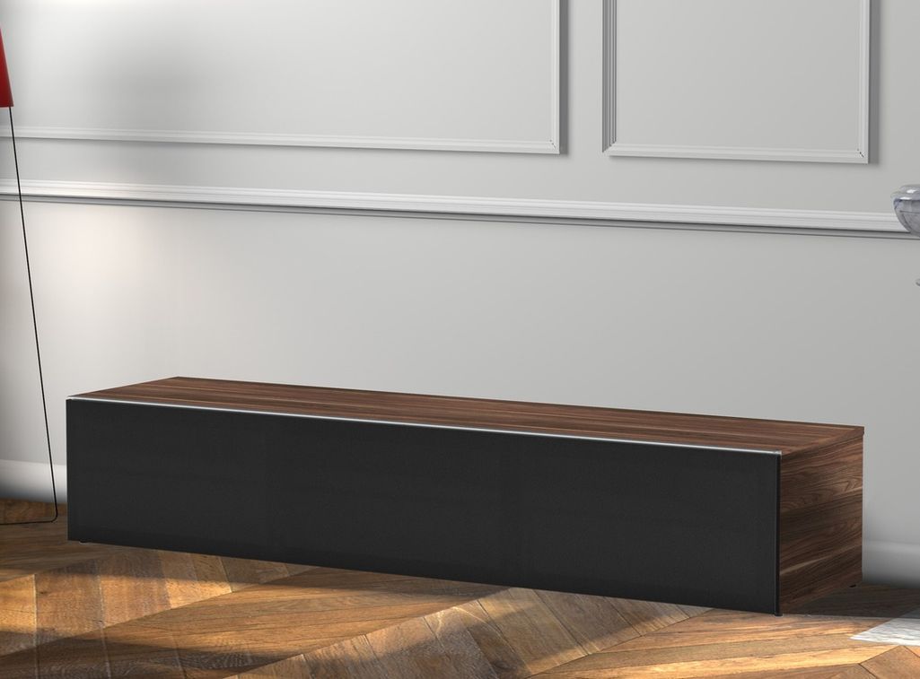 Meuble TV tissu acoustique noir et bois foncé Washington 160 cm - Photo n°2