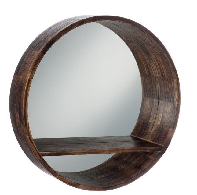 Miroir rond avec tablette bois de manguier brun foncé 70 cm - Photo n°1