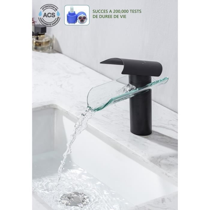 Mitigeur pour vasque et lavabo - Mécanique - OCEANIC - Noir mat - En cascade - En laiton et verre - Photo n°2