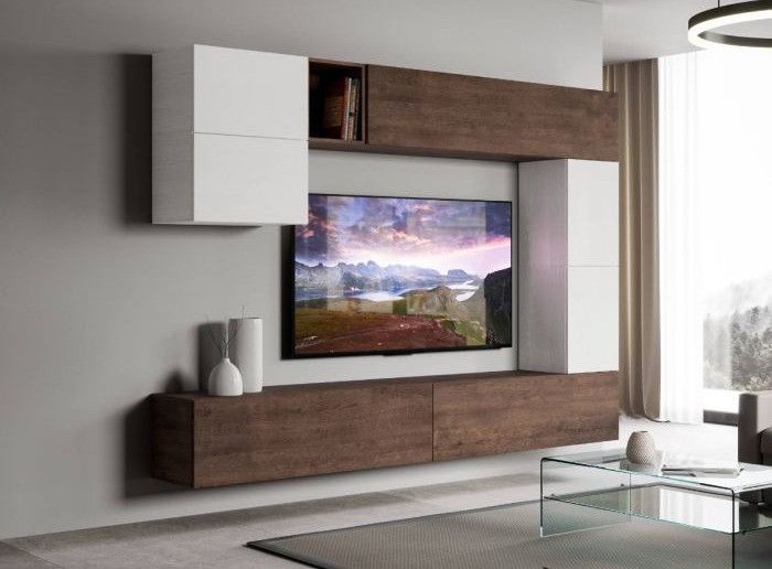 Mur TV design blanc et noyer Luxa L 268 cm - 8 pièces - Photo n°1