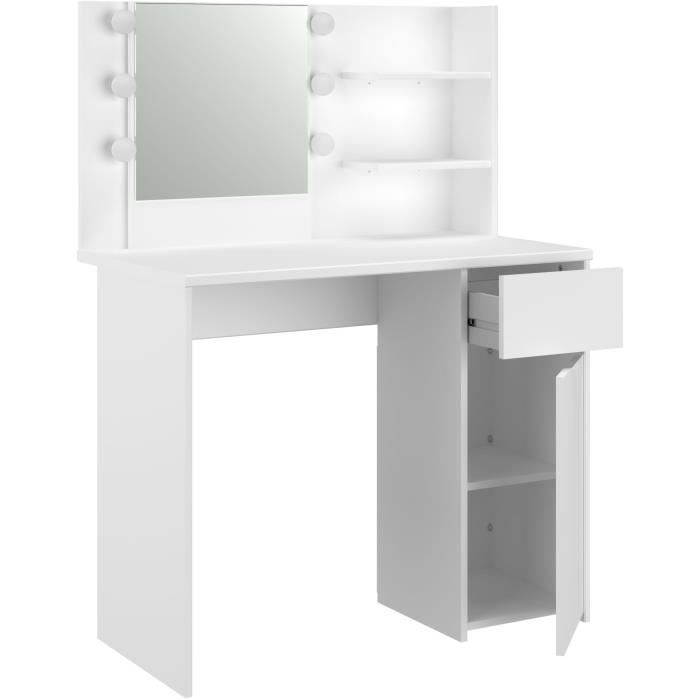 PARISOT Coiffeuse ESTEE Miroir avec globes Leds 1 tiroir et 1 porte blanc - L91xP50xH125 cm - Photo n°2