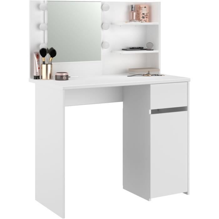 PARISOT Coiffeuse ESTEE Miroir avec globes Leds 1 tiroir et 1 porte blanc - L91xP50xH125 cm - Photo n°5