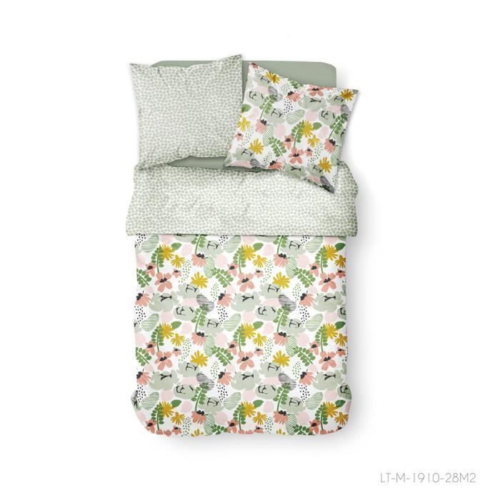 Parure de lit 2 personnes 220X240 Coton imprime vert Floral SUNSHINE 2 - Photo n°1