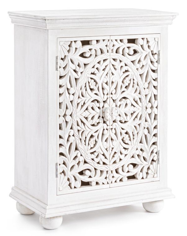 Petit meuble artisanal 2 portes bois massif blanc Nina 70 cm - Photo n°2