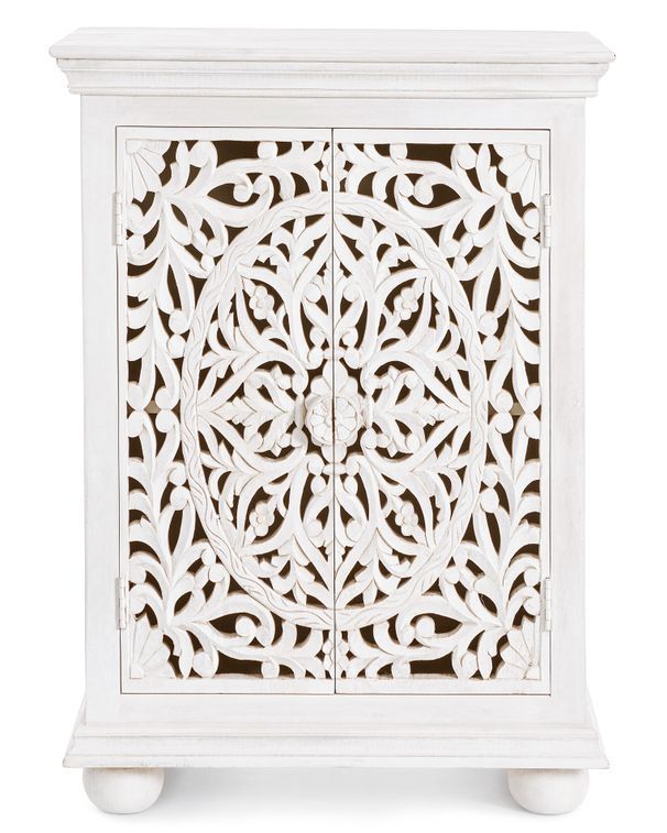 Petit meuble artisanal 2 portes bois massif blanc Nina 70 cm - Photo n°1