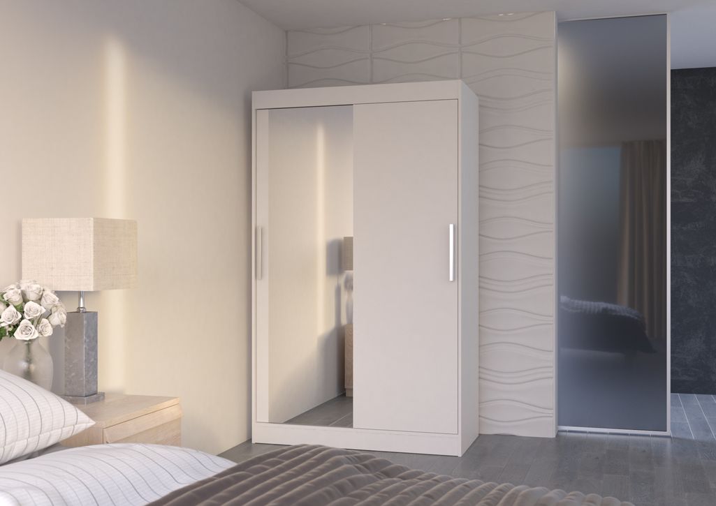 Petite armoire de chambre 2 portes coulissantes 1 bois blanc 1 miroir Roba 120 cm - Photo n°4