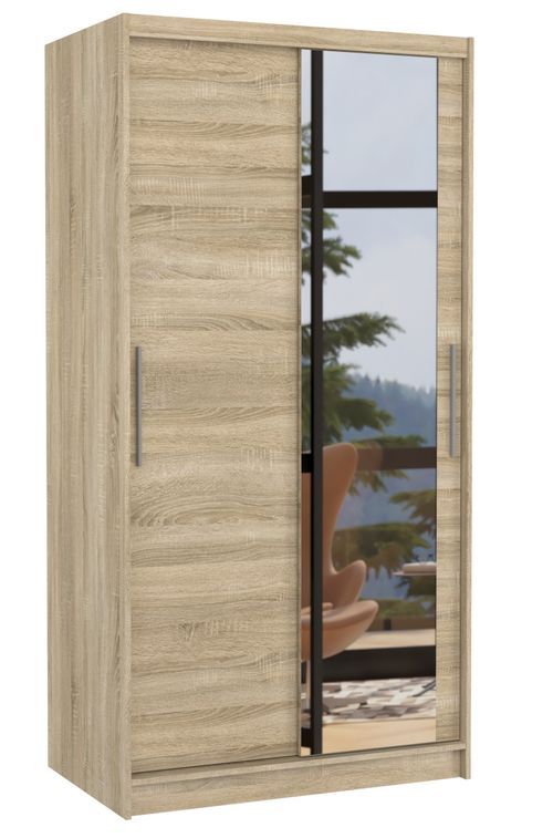 Petite armoire de chambre 2 portes coulissantes naturel avec miroir Bazo 100 cm - Photo n°1