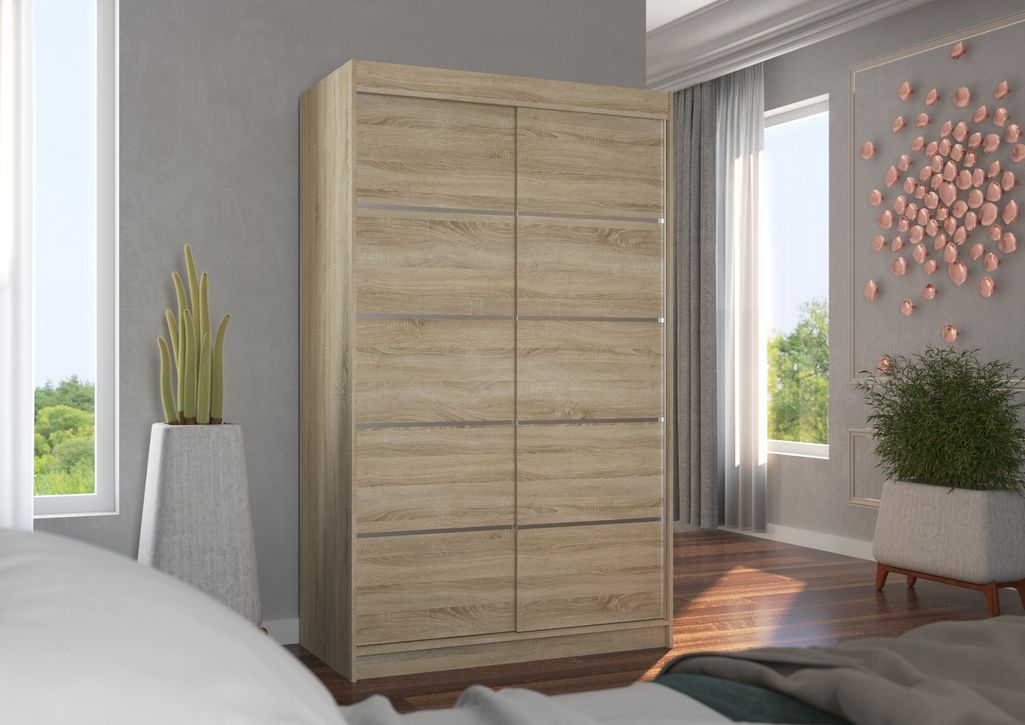 Petite armoire de chambre bois clair avec 2 portes coulissantes Benko 120 cm - Photo n°2