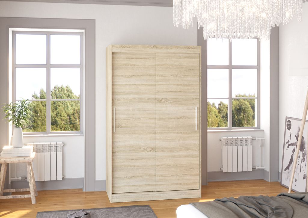 Petite armoire de chambre bois clair Sonoma avec 2 portes coulissantes Keria 120 cm - Photo n°2