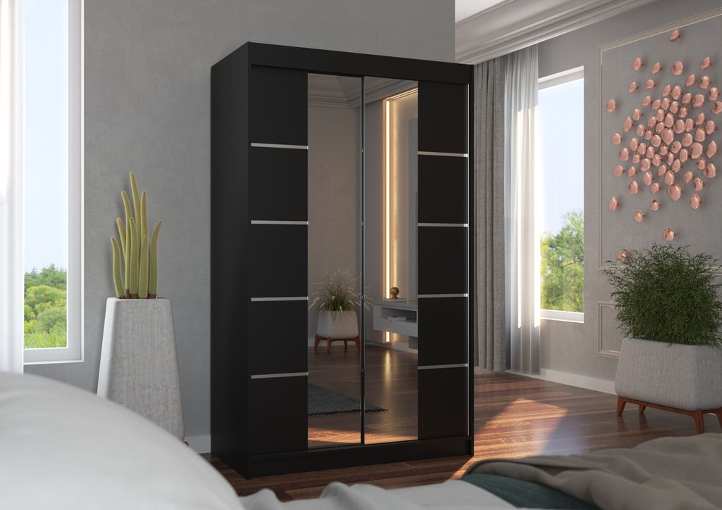 Petite armoire design de chambre à coucher 2 portes coulissantes noir et miroir Kinzo 120 cm - Photo n°2