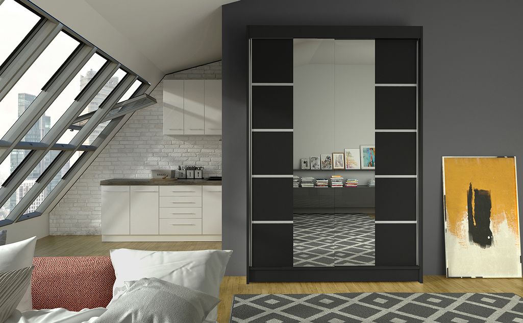 Petite armoire design de chambre à coucher 2 portes coulissantes noir et miroir Kinzo 120 cm - Photo n°3