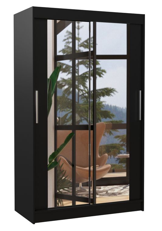 Petite armoire moderne de chambre à coucher noir avec 2 portes coulissantes miroir Ibizo 120 cm - Photo n°1