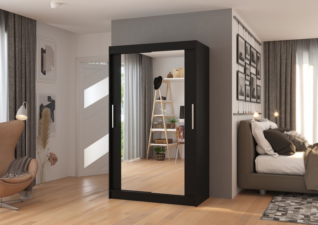 Petite armoire moderne de chambre à coucher noir avec 2 portes coulissantes miroir Ibizo 120 cm - Photo n°3
