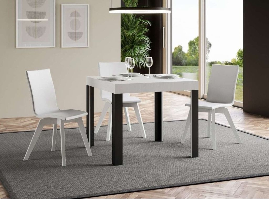 Petite table carrée 90/90 cm extensible 10 personnes 90 à 246 cm blanc et pieds métal gris foncé Liva - Photo n°2
